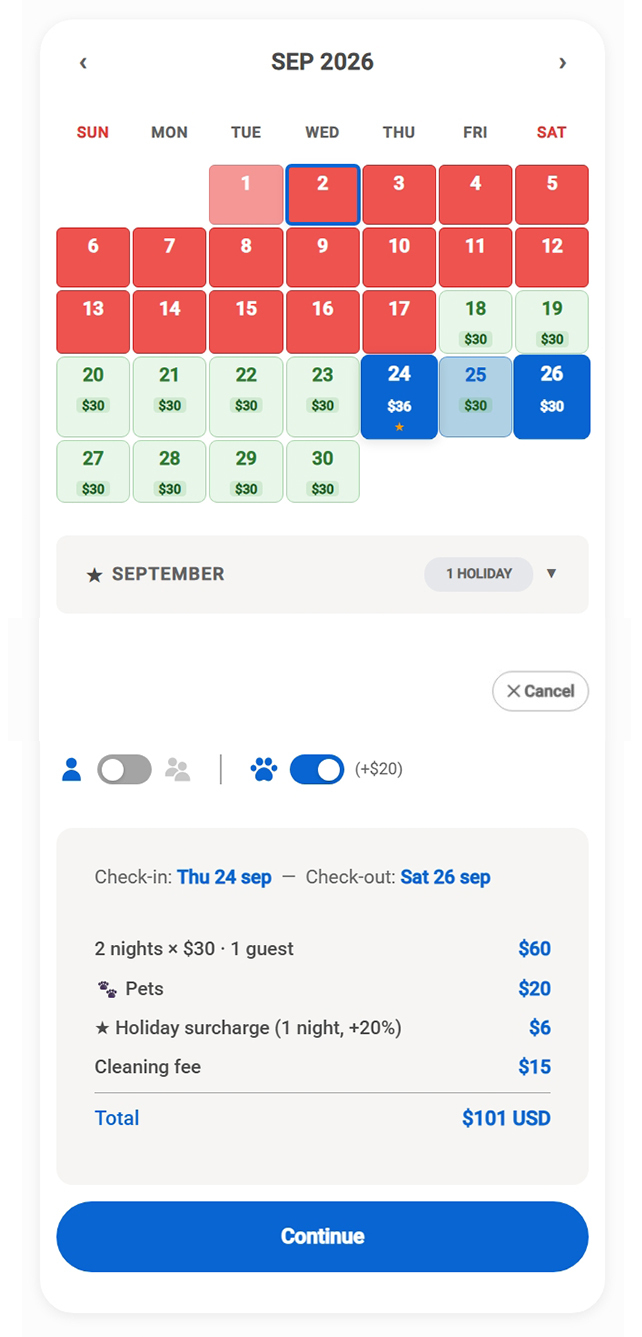 Mansio booking calendar interface mockup